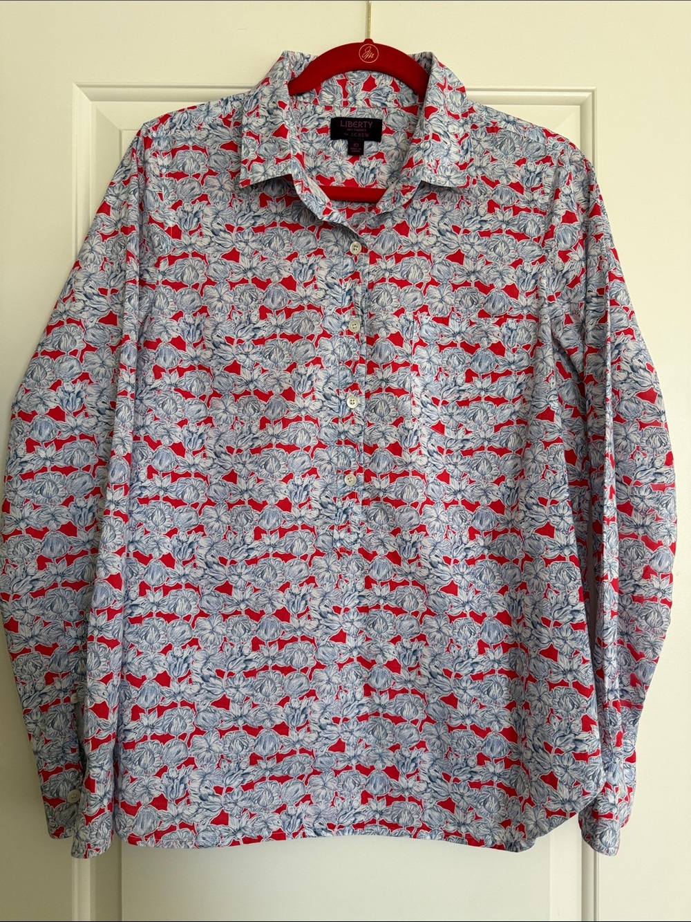 J. Crew Liberty Cotton Fabric Red and Blue Floral Popover Shirt Blouse Sz 10 EUC